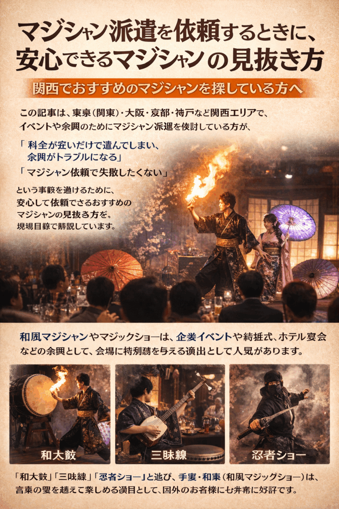 関西でマジシャン派遣を検討する方向けの和風マジックショーのイメージ。企業イベントやホテル宴会での余興演出例
